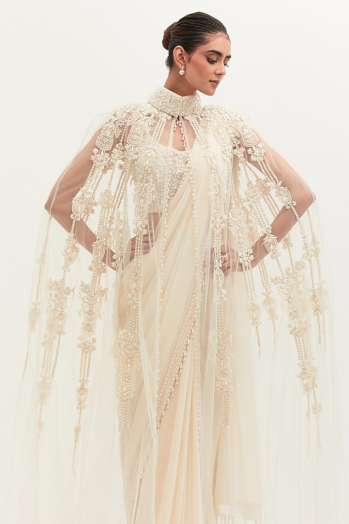 Ivory Georgette Embroidered Bridal Saree Set by Mala and Kinnary at Pernia's Pop Up Shop