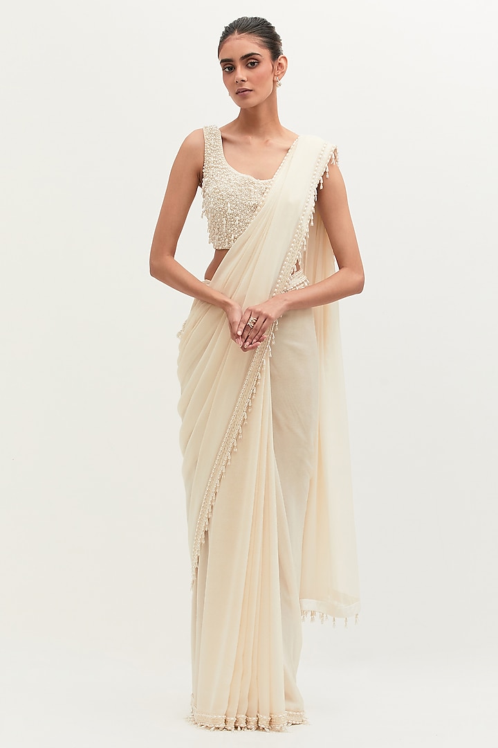 Ivory Georgette Embroidered Bridal Saree Set by Mala and Kinnary at Pernia's Pop Up Shop