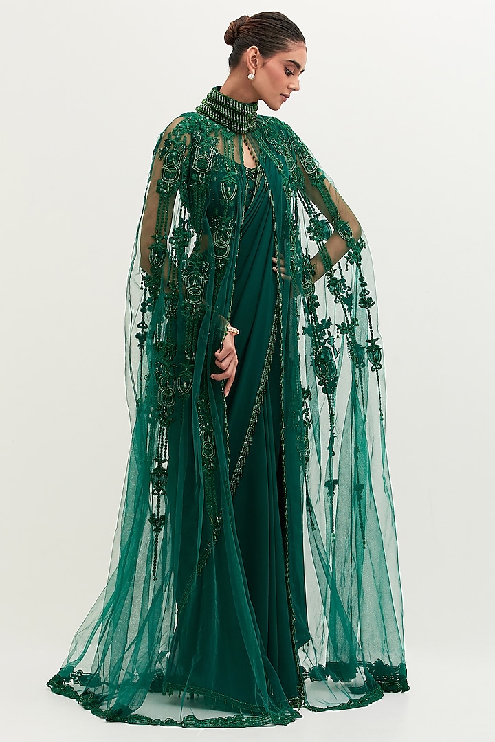 Emerald Green Georgette Embroidered Saree Set by Mala and Kinnary at Pernia's Pop Up Shop