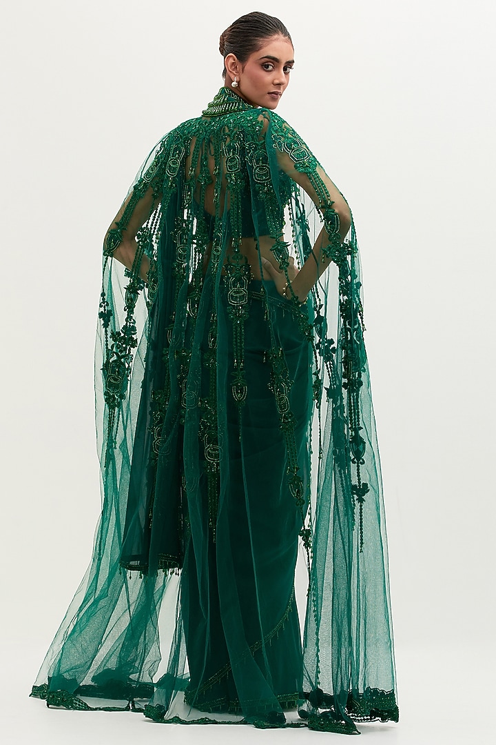 Emerald Green Georgette Embroidered Bridal Saree Set by Mala and Kinnary at Pernia's Pop Up Shop