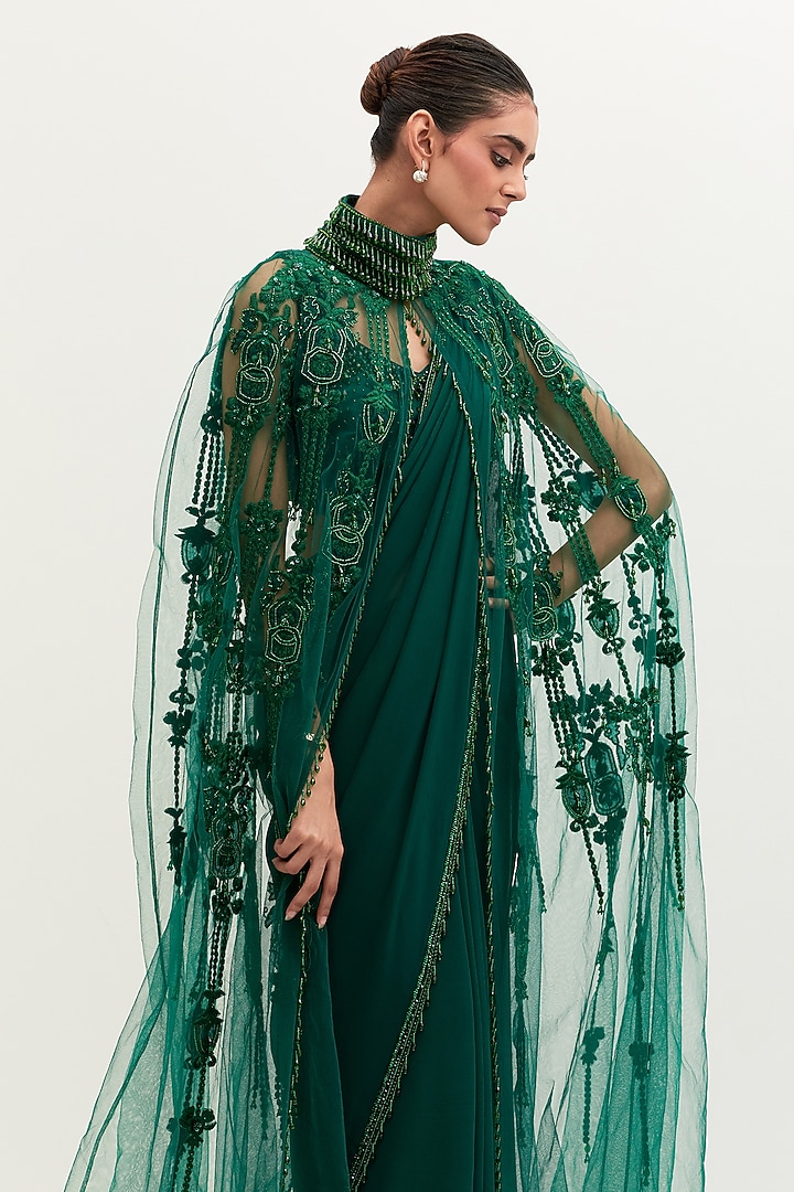 Emerald Green Georgette Embroidered Bridal Saree Set by Mala and Kinnary at Pernia's Pop Up Shop