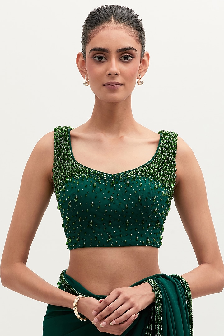 Emerald Green Georgette Embroidered Bridal Saree Set by Mala and Kinnary at Pernia's Pop Up Shop