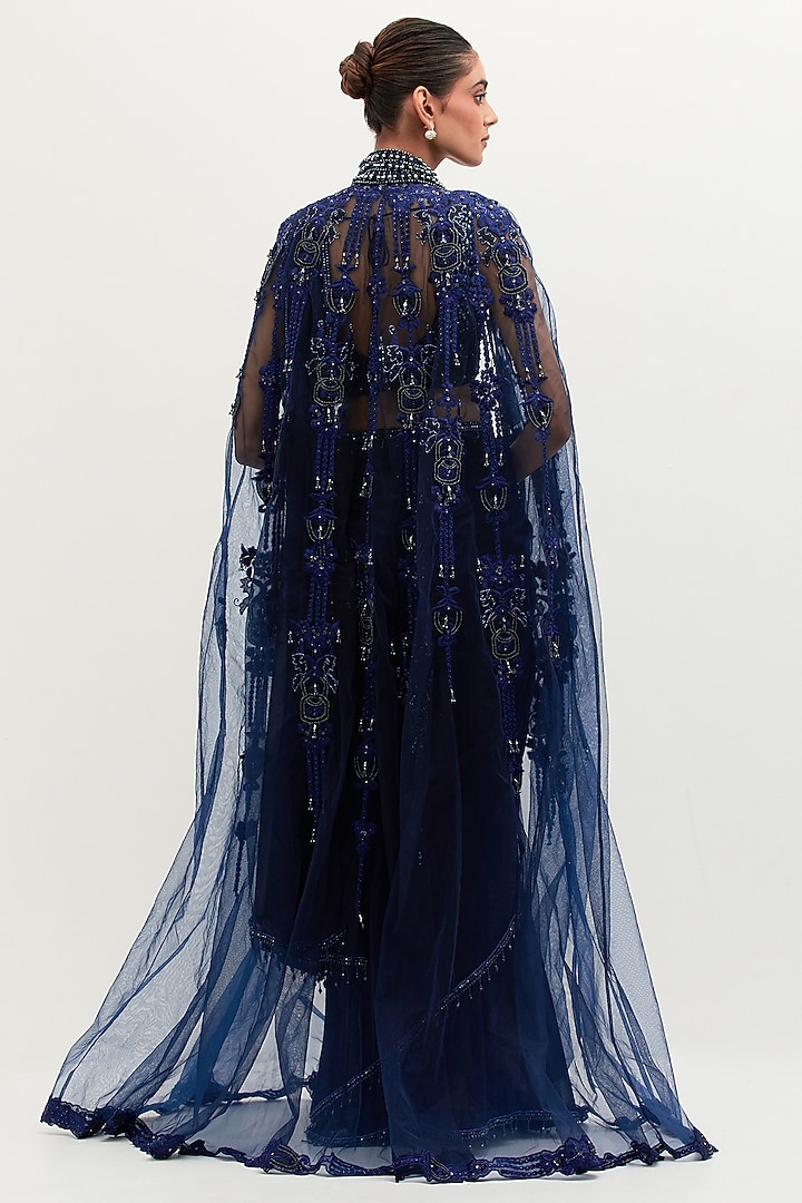Navy Blue Georgette Embroidered Bridal Saree Set by Mala and Kinnary at Pernia's Pop Up Shop