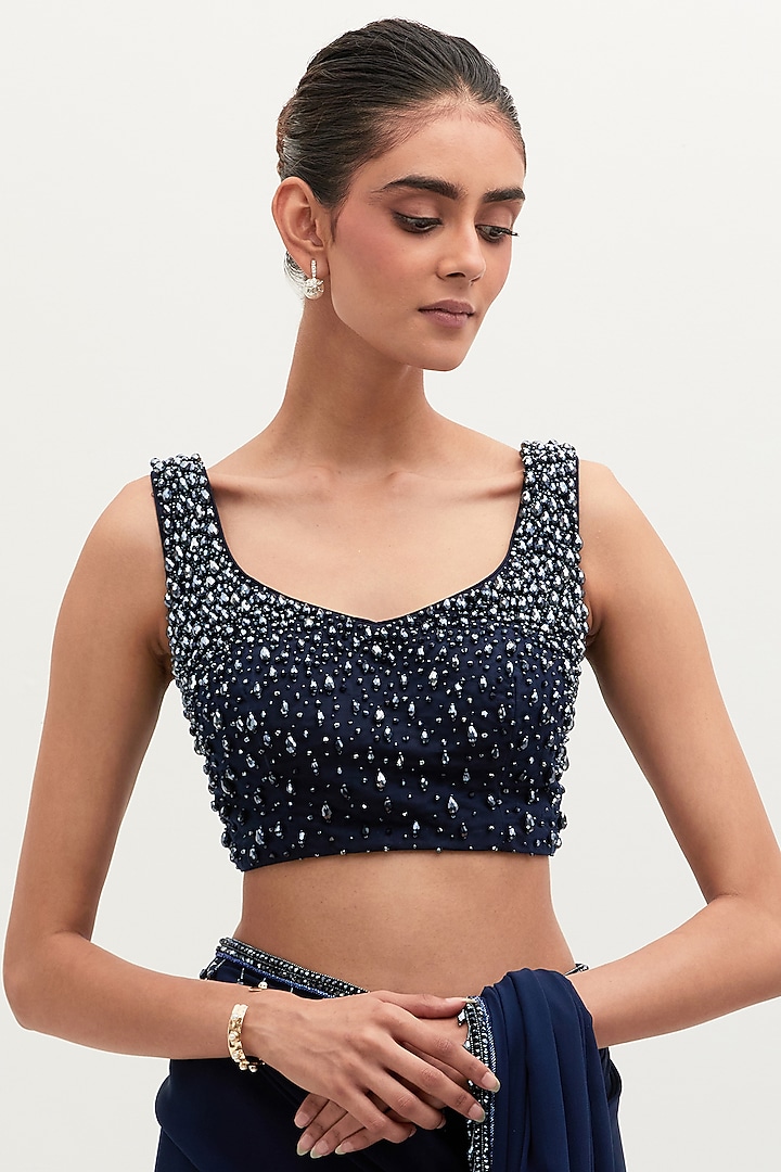 Navy Blue Georgette Embroidered Bridal Saree Set by Mala and Kinnary at Pernia's Pop Up Shop