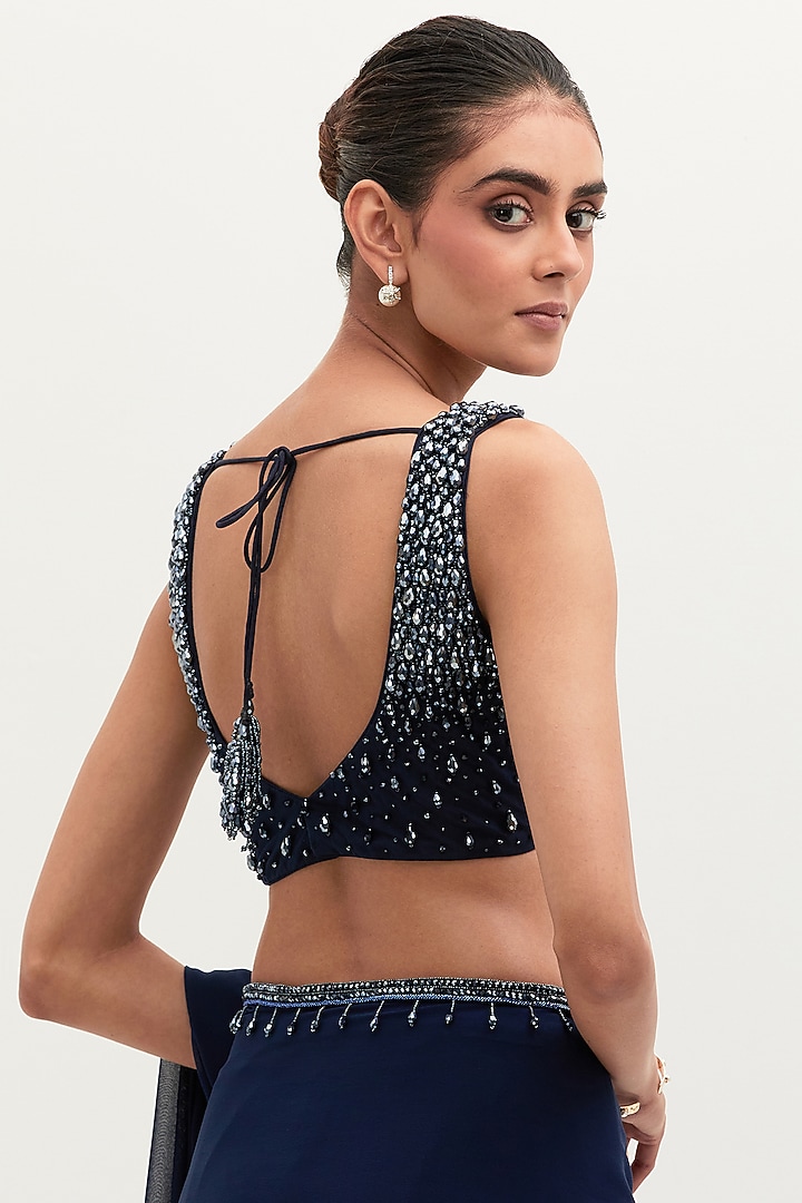 Navy Blue Georgette Embroidered Bridal Saree Set by Mala and Kinnary at Pernia's Pop Up Shop