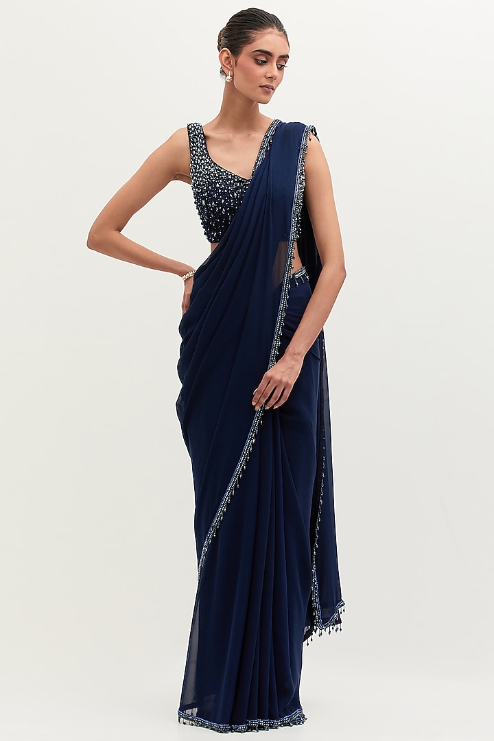 Navy Blue Georgette Embroidered Bridal Saree Set by Mala and Kinnary at Pernia's Pop Up Shop