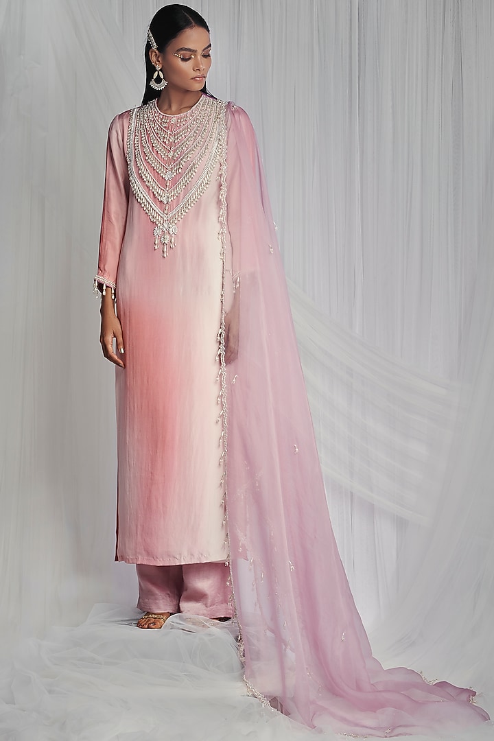 Rose Quartz Kurta Set With Pearls by Mala and Kinnary at Pernia's Pop Up Shop