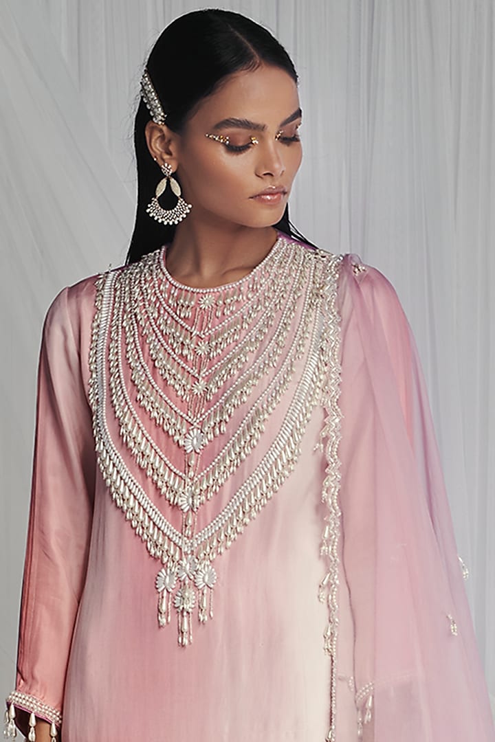 Rose Quartz Kurta Set With Pearls by Mala and Kinnary at Pernia's Pop Up Shop
