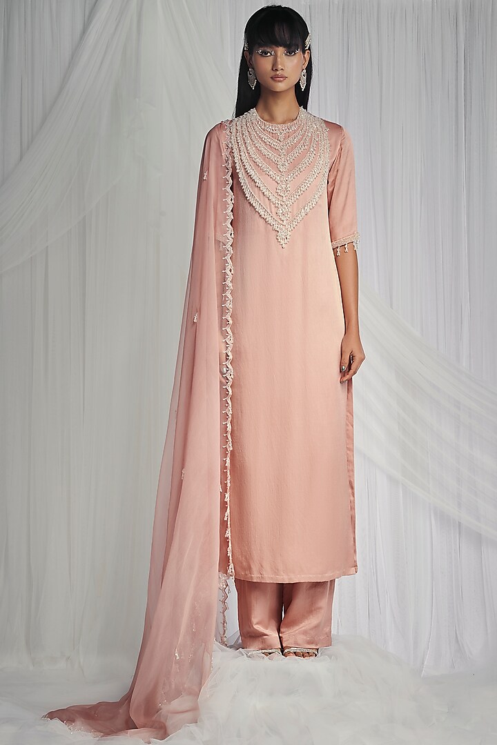 Rosedust Kurta Set With Pearls by Mala and Kinnary