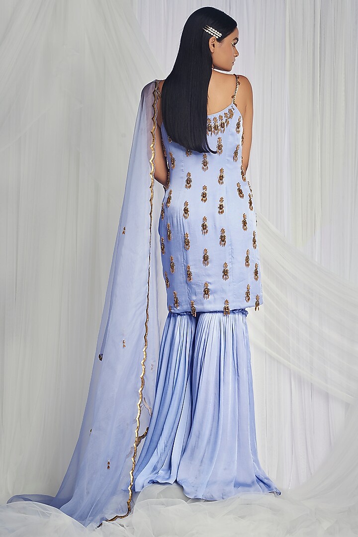 Ornate Periwinkle Silk Bridal Sharara Set by Mala and Kinnary at Pernia's Pop Up Shop