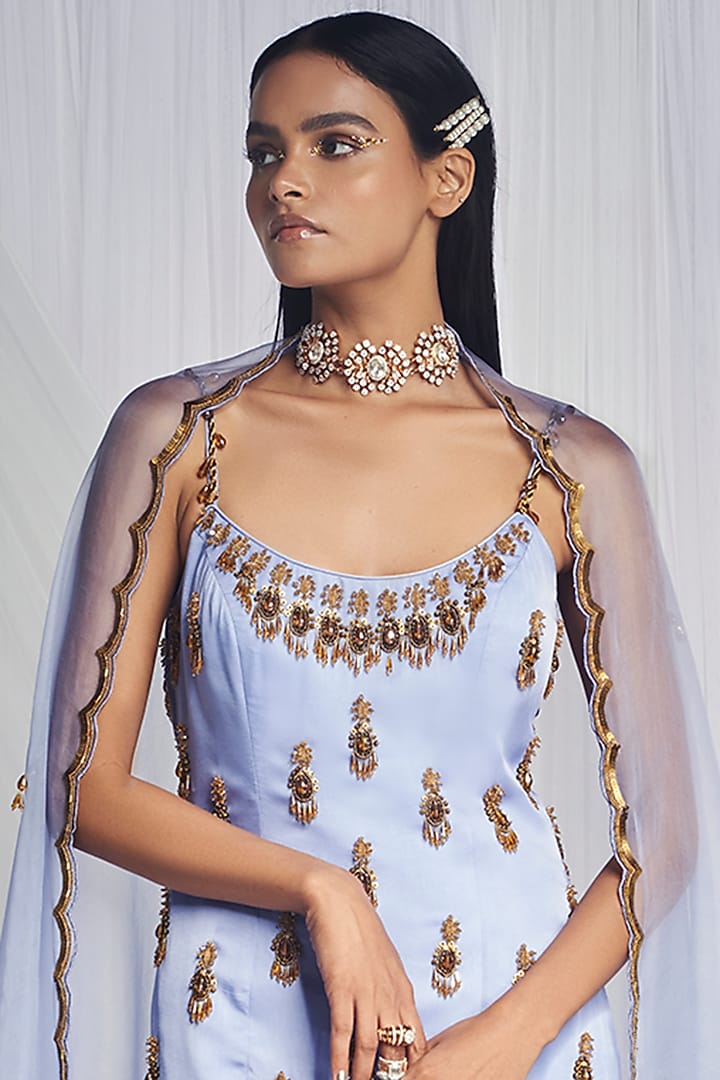 Ornate Periwinkle Silk Bridal Sharara Set by Mala and Kinnary at Pernia's Pop Up Shop