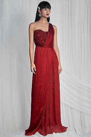 Ruby Red Satin Chiffon Stitched Saree by Mala and Kinnary