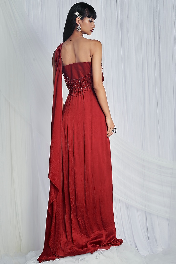 Ruby Red Satin Chiffon Stitched Reception Saree by Mala and Kinnary at Pernia's Pop Up Shop