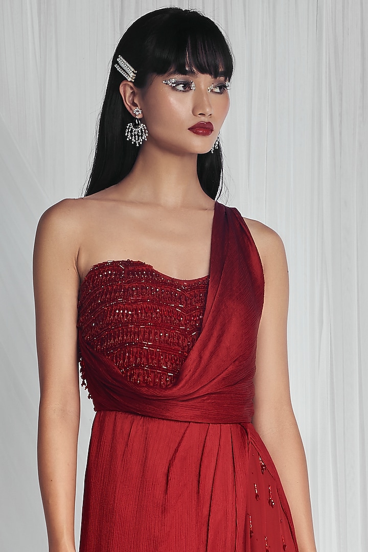 Ruby Red Satin Chiffon Stitched Reception Saree by Mala and Kinnary at Pernia's Pop Up Shop