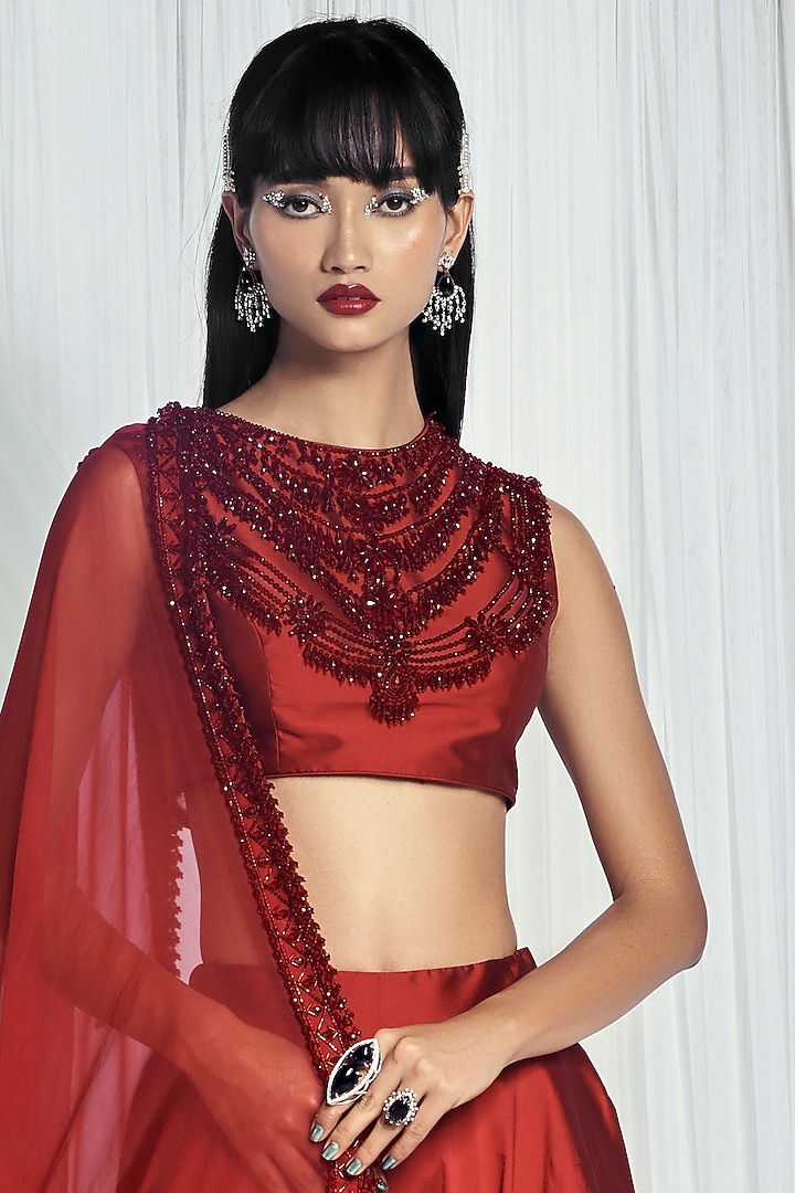 Regal Ruby Taffeta Bridal Lehenga Set by Mala and Kinnary at Pernia's Pop Up Shop