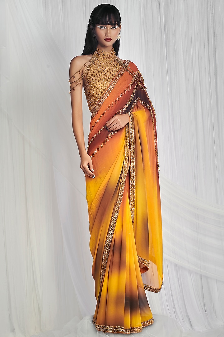 Yellow Ombre Saree Set With Crystals Work by Mala and Kinnary