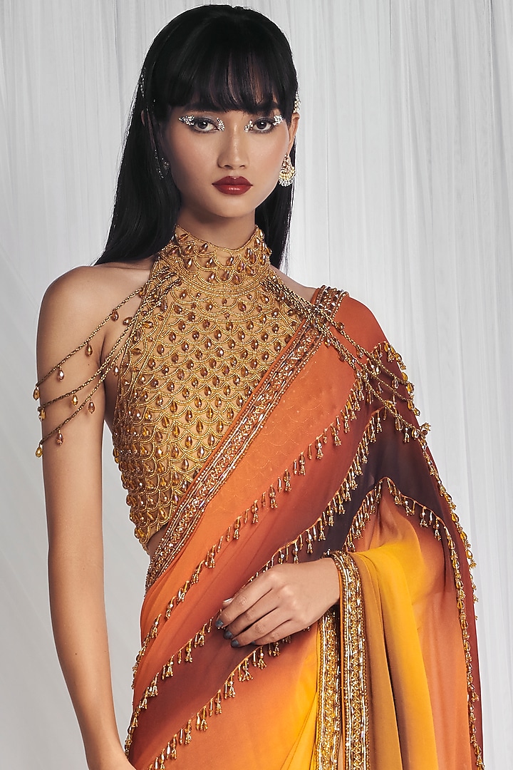 Yellow Ombre Reception Saree Set With Crystals Work by Mala and Kinnary at Pernia's Pop Up Shop
