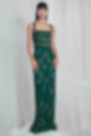 Ethereal Emerald Embroidered Gown by Mala and Kinnary