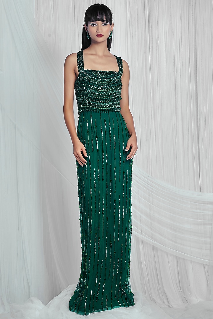 Ethereal Emerald Embroidered Gown by Mala and Kinnary