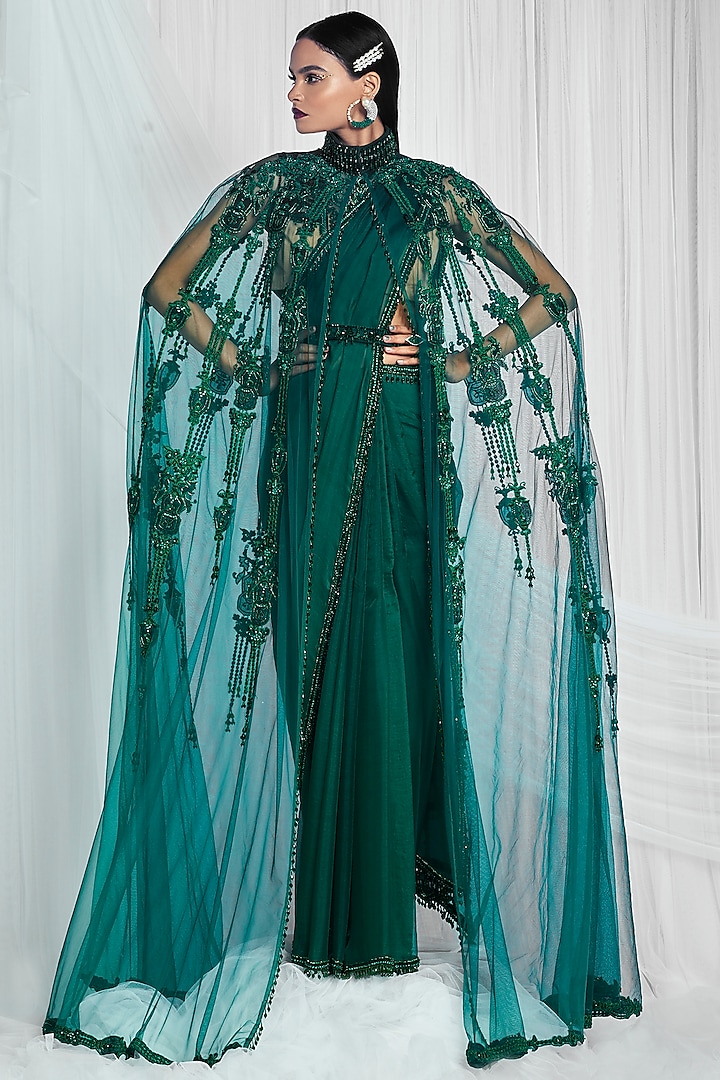 Emerald Green Hand Embroidered Cape by Mala and Kinnary