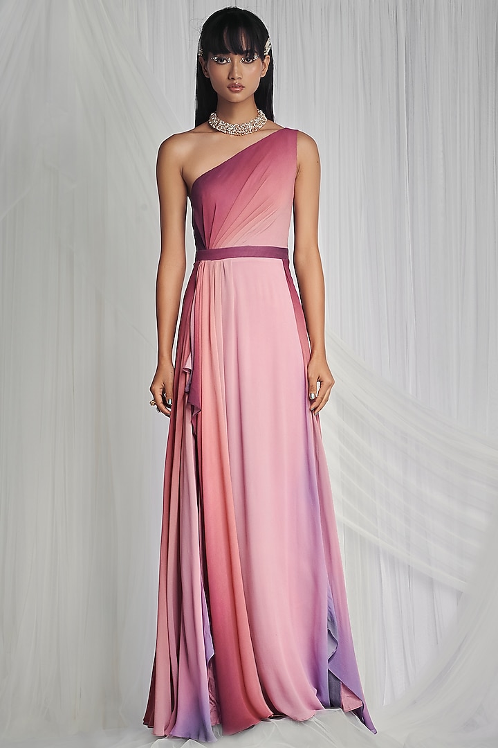 Dusk Pink Shaded Printed Draped Gown by Mala and Kinnary