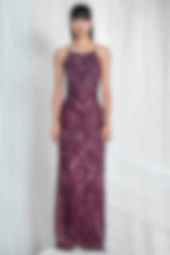 Burgundy Hand Embroidered Paneled Gown by Mala and Kinnary