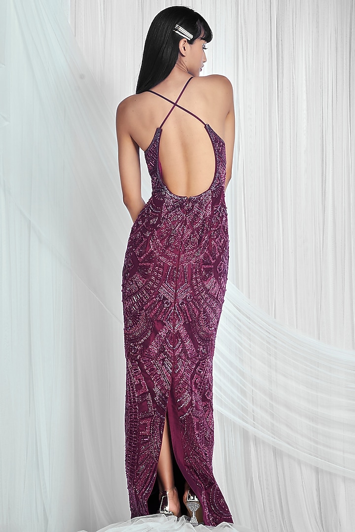 Burgundy Hand Embroidered Paneled Bridal Gown by Mala and Kinnary at Pernia's Pop Up Shop