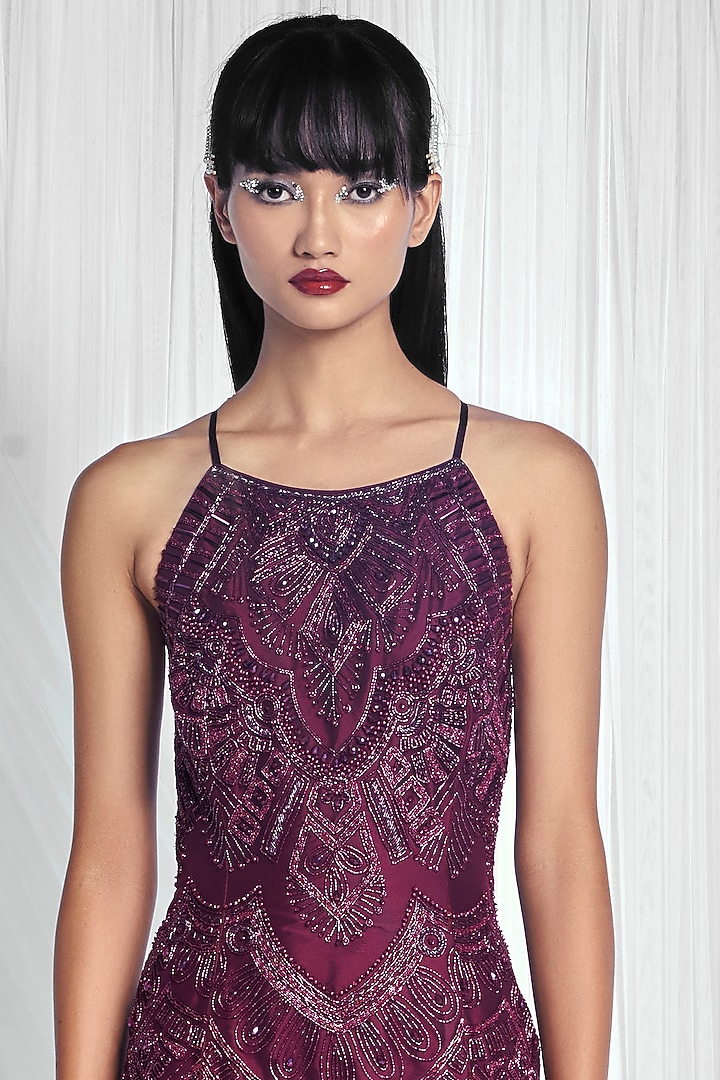 Burgundy Hand Embroidered Paneled Bridal Gown by Mala and Kinnary at Pernia's Pop Up Shop