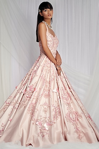 Pastel Pink Hand Embroidered Bridal Gown by Mala and Kinnary