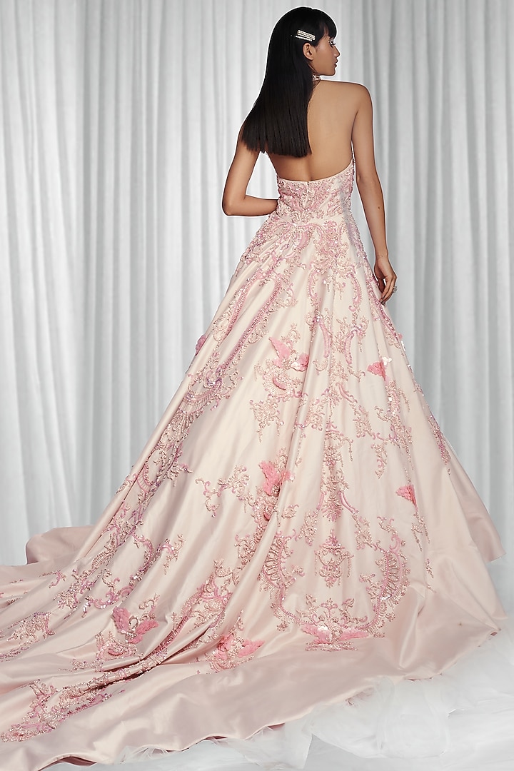 Pastel Pink Hand Embroidered Bridal Bridal Gown by Mala and Kinnary at Pernia's Pop Up Shop