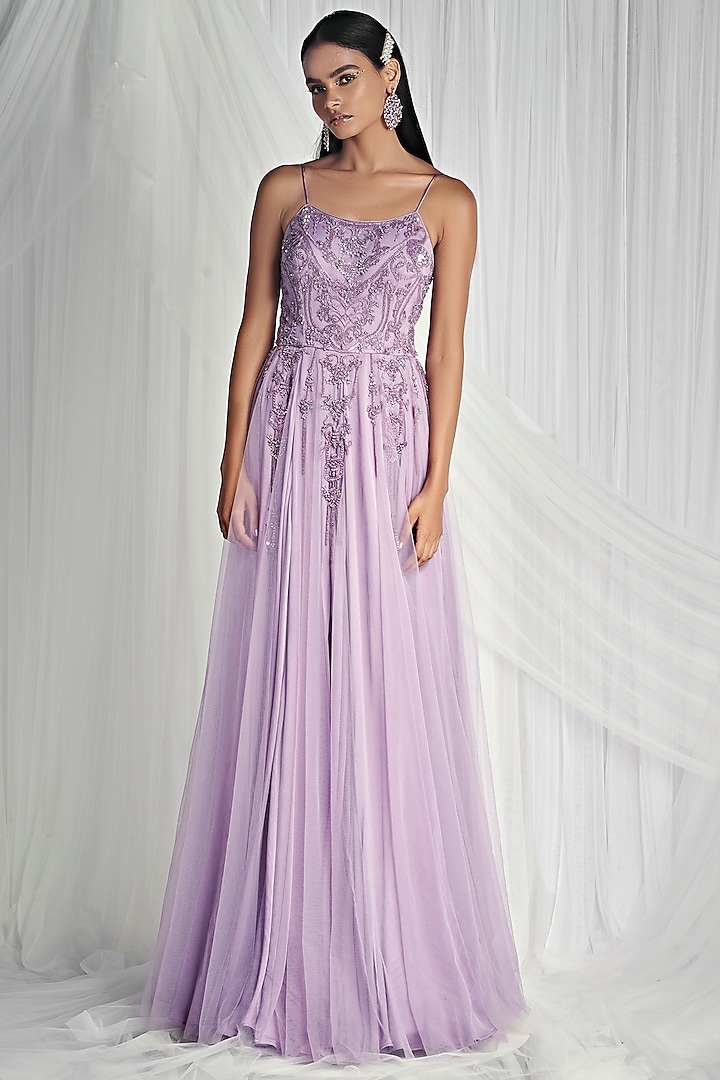 Amethyst Hand Embroidered A-Line Gown by Mala and Kinnary