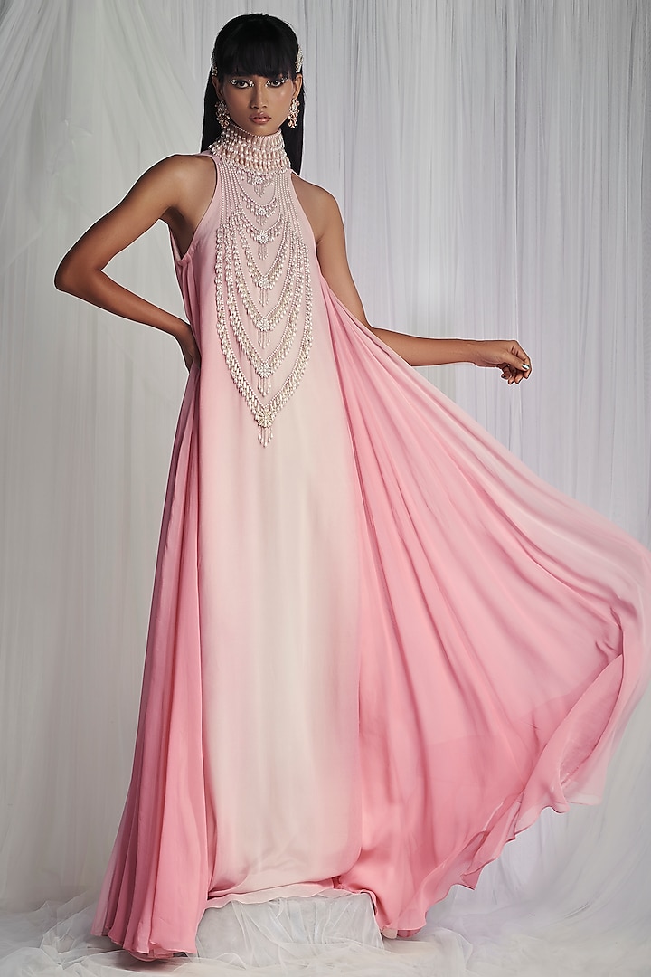 Rose Quartz Maxi Dress With Pearls by Mala and Kinnary