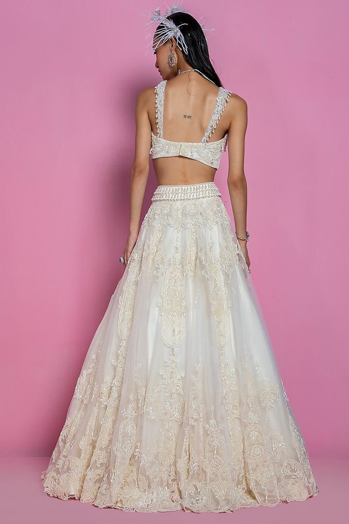 Ivory Embroidered Bridal Lehenga Set by Mala and Kinnary at Pernia's Pop Up Shop