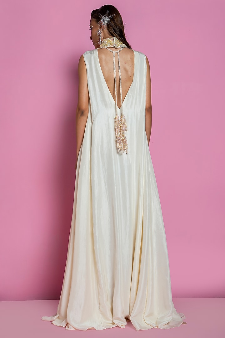 Ivory Embroidered Maxi Party Wear Dress by Mala and Kinnary at Pernia's Pop Up Shop