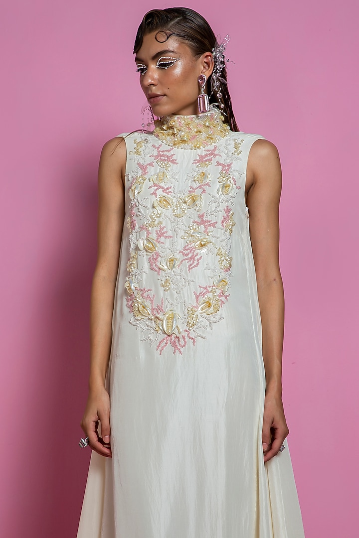 Ivory Embroidered Maxi Party Wear Dress by Mala and Kinnary at Pernia's Pop Up Shop