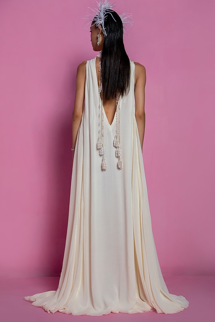 Ivory Viscose Georgette Maxi Party Wear Dress by Mala and Kinnary at Pernia's Pop Up Shop