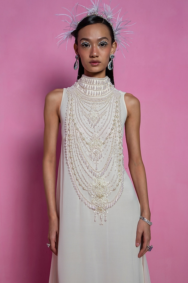 Ivory Viscose Georgette Maxi Party Wear Dress by Mala and Kinnary at Pernia's Pop Up Shop
