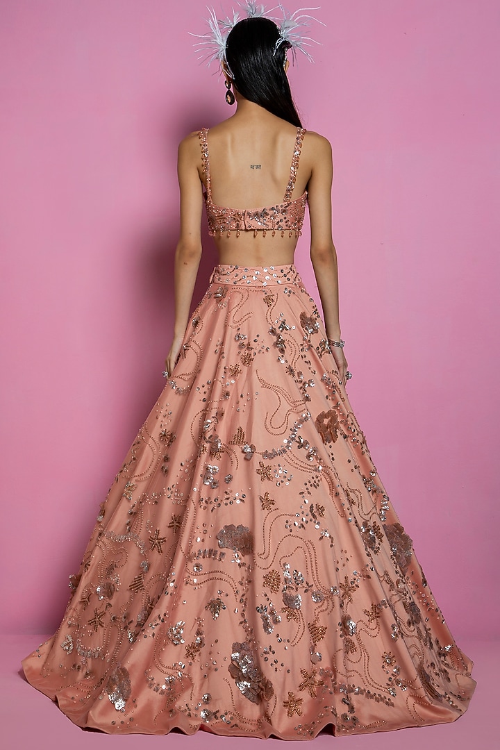 Coral Hand Embroidered Bridal Lehenga Set by Mala and Kinnary at Pernia's Pop Up Shop