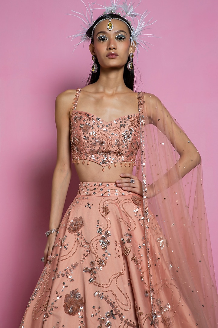 Coral Hand Embroidered Bridal Lehenga Set by Mala and Kinnary at Pernia's Pop Up Shop