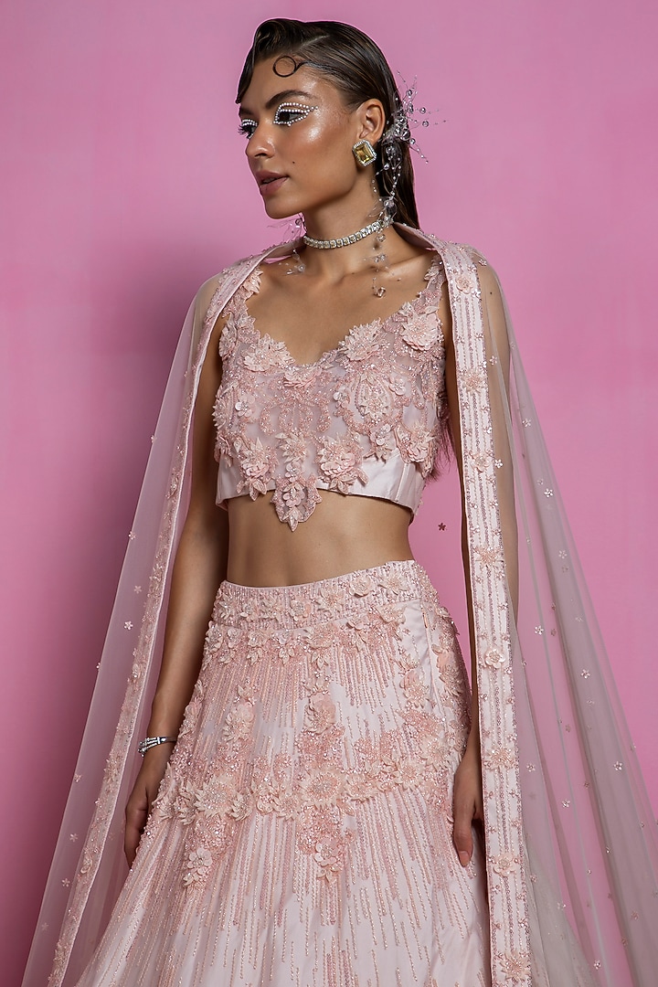 Powder Pink Embroidered Bridal Lehenga Set by Mala and Kinnary at Pernia's Pop Up Shop