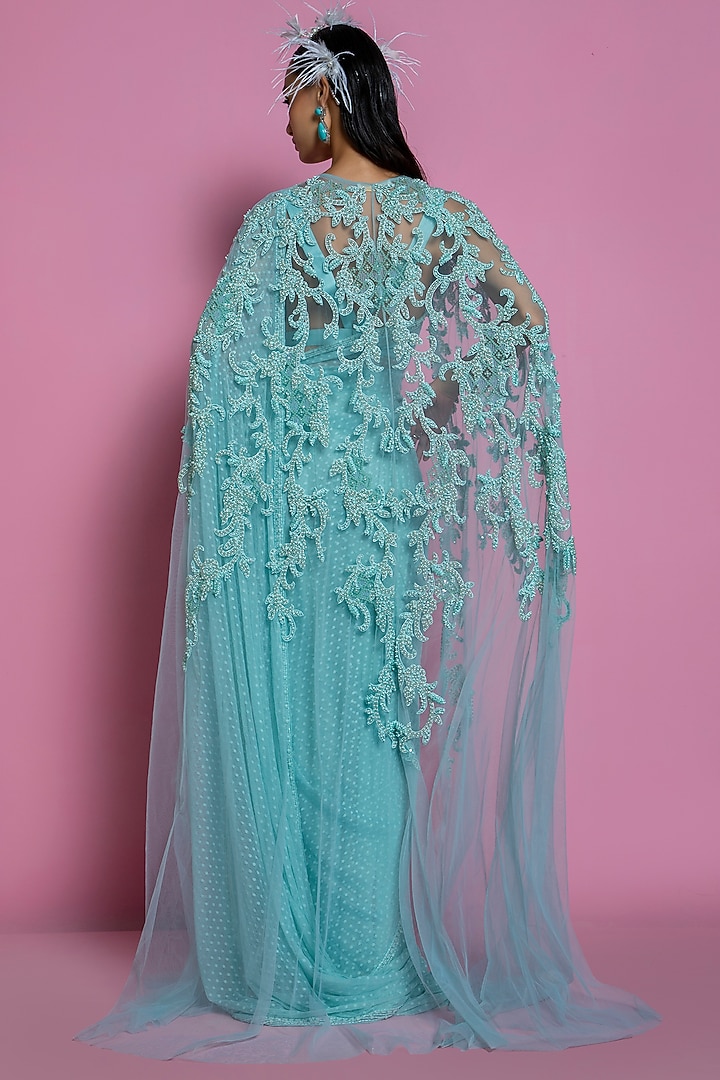 Turquoise Net Jacket Reception Saree Set by Mala and Kinnary at Pernia's Pop Up Shop