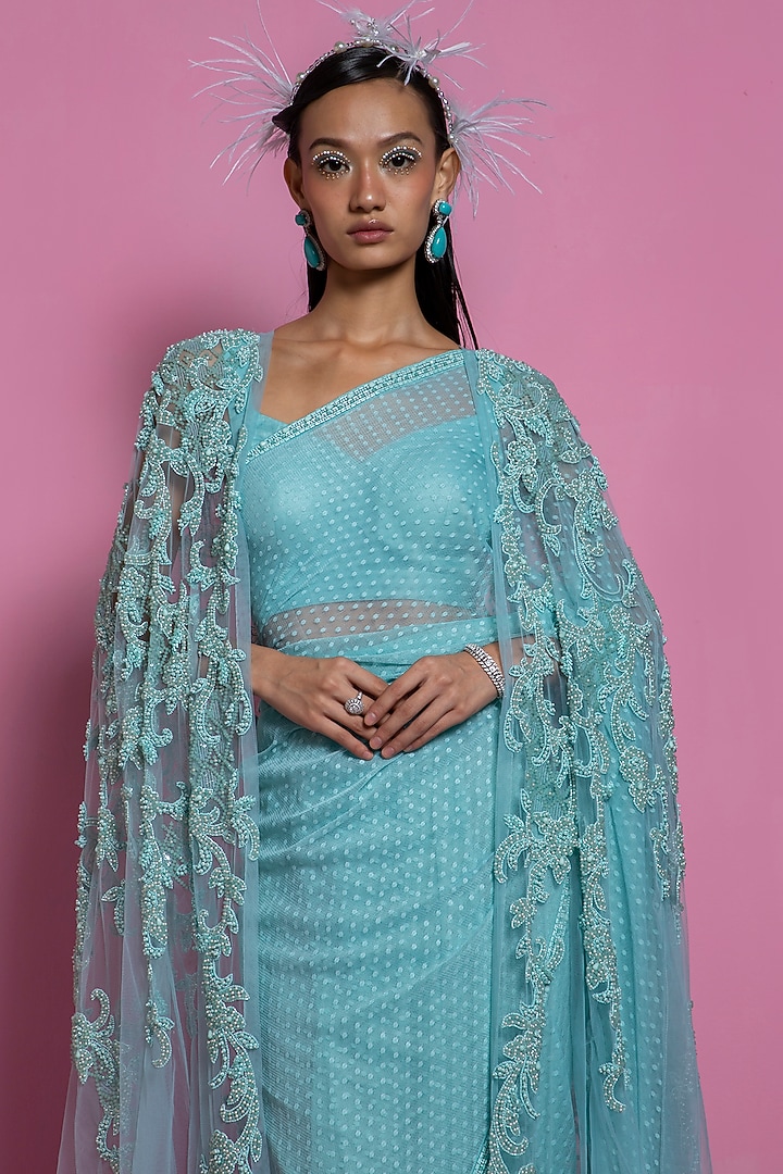 Turquoise Net Jacket Reception Saree Set by Mala and Kinnary at Pernia's Pop Up Shop