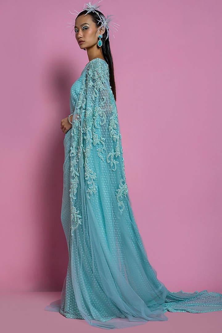 Turquoise Net Jacket Reception Saree Set by Mala and Kinnary at Pernia's Pop Up Shop