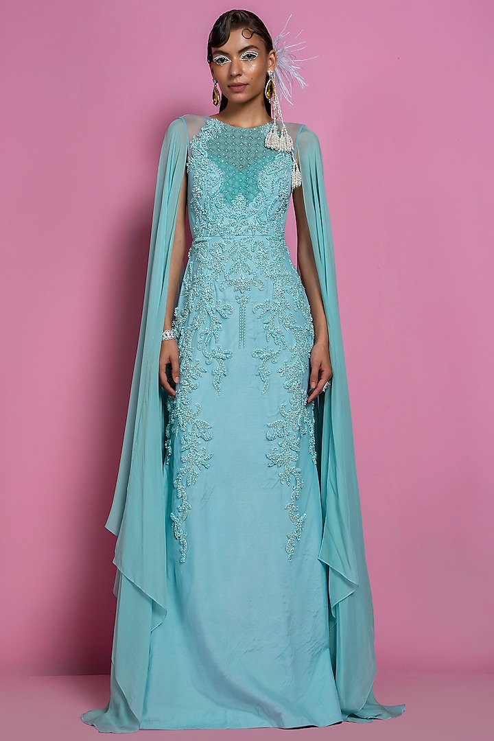Turquoise Georgette Gown by Mala and Kinnary
