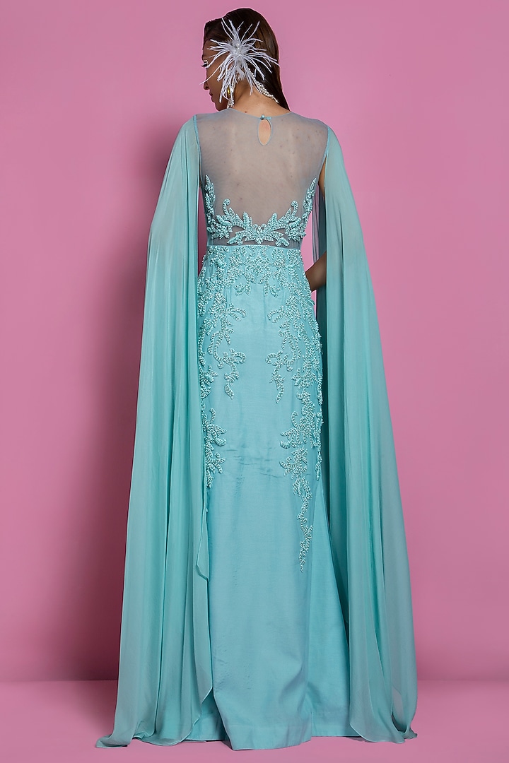 Turquoise Georgette Gown by Mala and Kinnary at Pernia's Pop Up Shop
