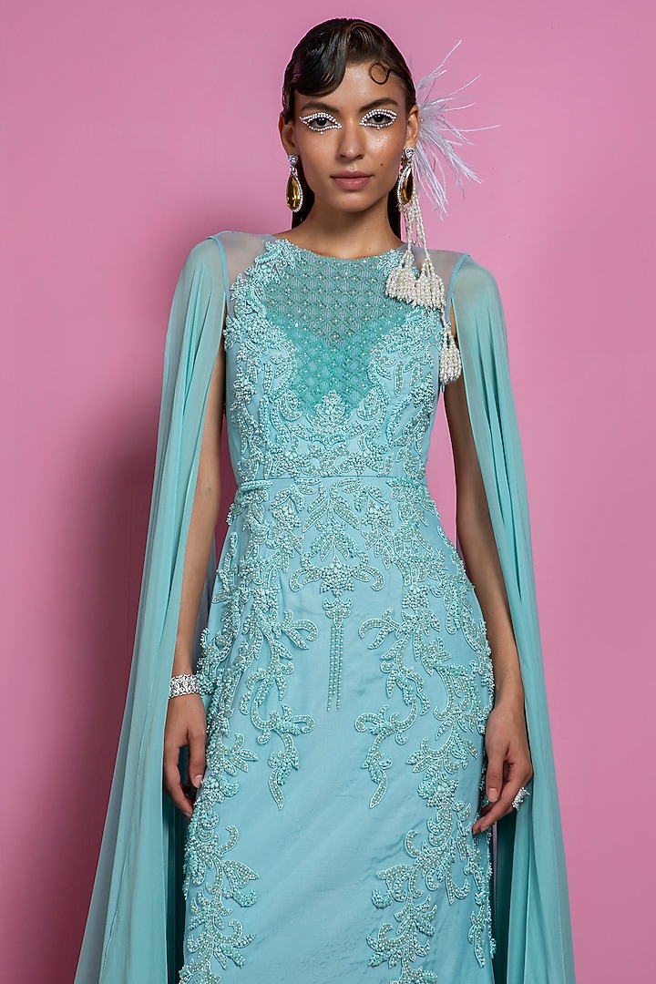 Turquoise Georgette Gown by Mala and Kinnary at Pernia's Pop Up Shop