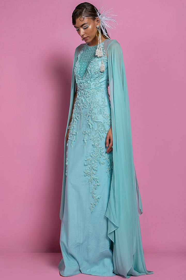Turquoise Georgette Gown by Mala and Kinnary at Pernia's Pop Up Shop