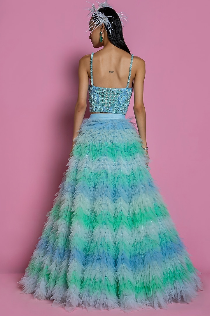 Turquoise Soft Net Bridal Lehenga Set by Mala and Kinnary at Pernia's Pop Up Shop