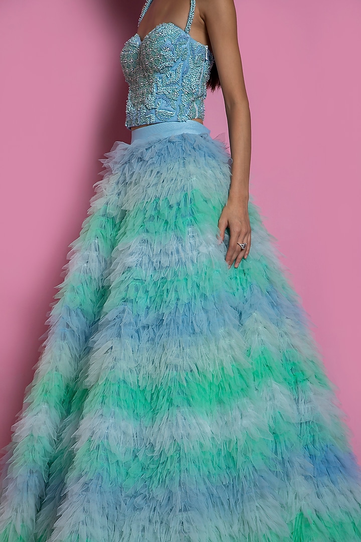 Turquoise Soft Net Bridal Lehenga Set by Mala and Kinnary at Pernia's Pop Up Shop