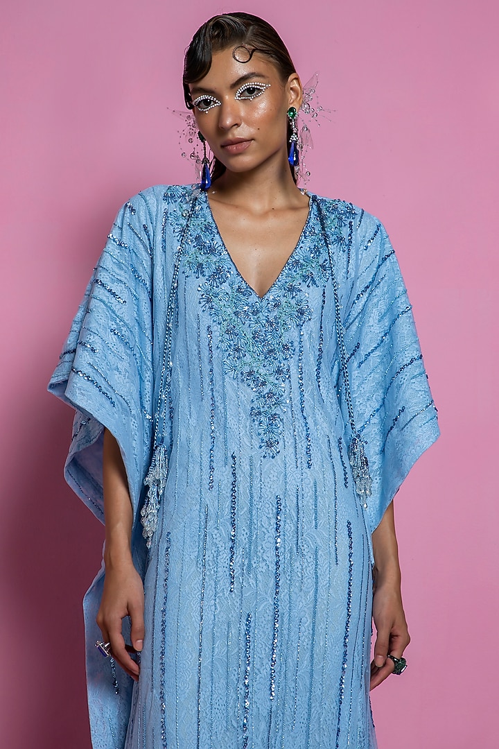 Powder Blue Chiffon Kaftan by Mala and Kinnary at Pernia's Pop Up Shop